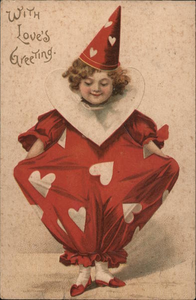 With Love's Greeting - Child in Clown Outfit Covered in Hearts