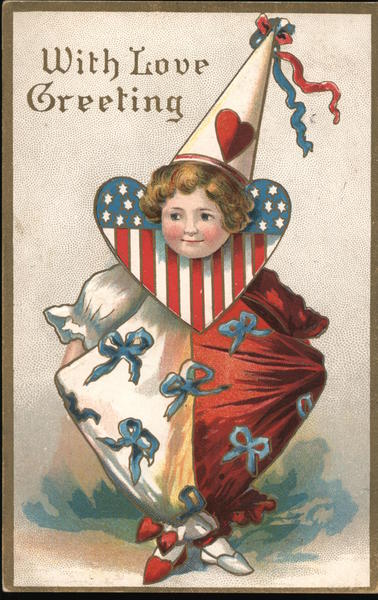 Child wearing clown costume and dunce hat with heart around his neck.