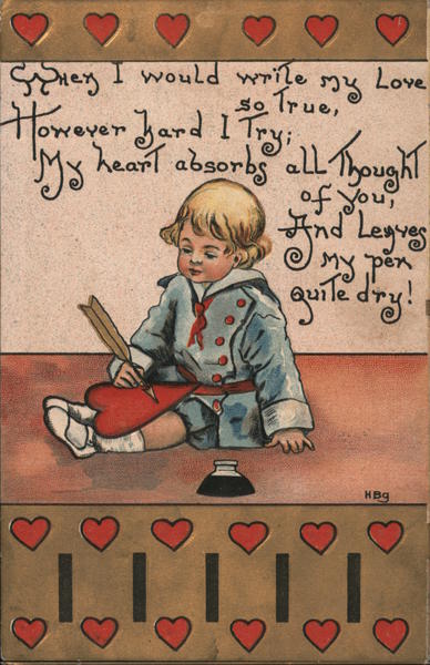 Boy writing in a heart with a quill and inkwell H. B. Griggs (HBG)