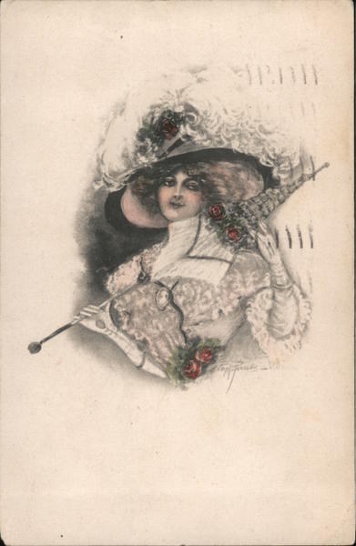 Woman in a hat with feathers holding a parasol Parsons