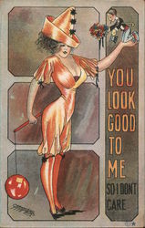 Woman in Perriot Dress Holding Tiny Man Postcard