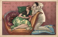 Art Deco Woman on Sofa With Perriot Postcard