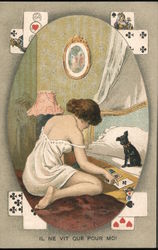 Woman playing cards with dog: "He only lives for me" Women Postcard Postcard Postcard