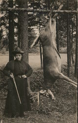 Woman Hunter with Gun & Strung Up Deer Hunting Postcard Postcard Postcard