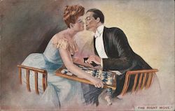 A couple about to kiss after knocking down chess set: "The right move" Postcard