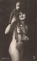 Nude French Woman with a doll. Postcard