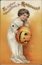 Rare Child in Ghost Costume with Jack-o-Lantern Headpiece Postcard