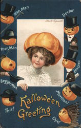 Woman Wearing Pumpkin as Hat: Halloween Greeting Postcard