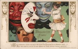 Halloweeen Faces!  Girl with Masks Halloween Samuel L. Schmucker Postcard Postcard Postcard