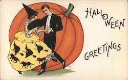 Woman Man Dancing Witches Black Cats Pumpkin Halloween Greetings Postcard