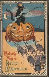 Black cat riding on a pumpkin drawn by 6 mice Postcard