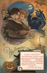 Couple hugging while a black demon looks on. Witch holding a pumpkin Postcard