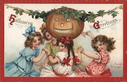 Halloween Greetings - Four Pretty Girls Dancing Around a Jack-O-Lantern Postcard