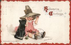 Young girl in pilgrim hat sitting with black cat and apples Postcard