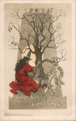 Witch and Frogs Tending Cauldron Under Tree: Halloween Greeting Postcard