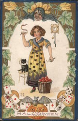 Hollowe'en - Girl holding snake by basket of apples at midnight Halloween Postcard Postcard Postcard