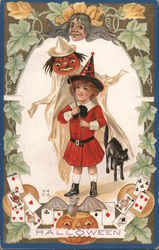 Girl With Black Cat and Pumpkin on Stick Halloween Postcard Postcard Postcard