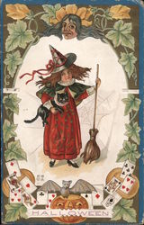 Young Witch with Black Cat and Broom: Hallowe'en Halloween Postcard Postcard Postcard