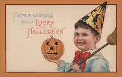 Boy Dressed as Witch with Jack-o-Lantern, Here's Wishing You a Lucky Halloween Postcard