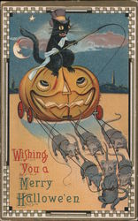 Wishing You a Merry Halloween. Black cat in jack-o-lantern carriage pulled by mice. Postcard