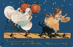 Rare Two Children in Ghost Costumes with Jack-o-Lanterns Chase Third Girl Postcard