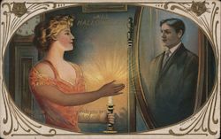 Woman Shining Candle in Mirror Looking for Romance Postcard