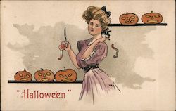 Woman Carving Five Jack-o-Lanterns, "Halloween" H. B. Griggs (HBG) Postcard Postcard Postcard