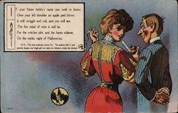 Woman throwing an apple peel over her shoulder, while man watches. Postcard