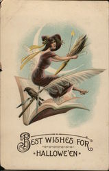 Best Wishes for Halloween - Pretty Witch Riding Broom through an Open Book Postcard