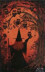 Witch Next to Tree and Owls, Halloween Owls 1 Postcard