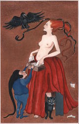 Topless Lady with Black Crow, Snake, and Cat, Short Servant Postcard