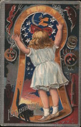 Girl Peering Through Keyhole at Witch Flying on Broom Postcard
