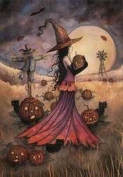 Lady Walks Through Jack-O-Lantern Field, Halloween Postcard