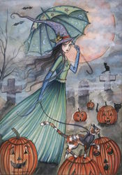 Young Witch Passing Through Field of Jack O'Lanterns Postcard