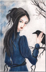 Woman in blue dress petting a raven Postcard