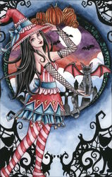 Sexy Young Witch and Bat Cat "Aelita and Jax" Halloween Nikki Burnette Postcard Postcard Postcard
