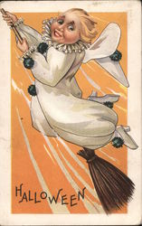 Witch Flies on Broom, Halloween Postcard