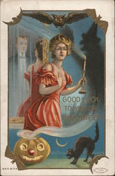Woman, Candle, Black Cat & JOL Halloween Postcard Postcard Postcard