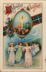 Halloween Greetings. Candle Fruit Girl Angels With Star Wands Postcard