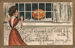 Woman looking out window at pumpkin Postcard