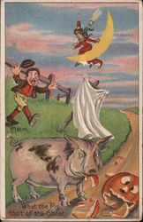 Man yelling at pig that's eating a pumpkin while witch sits on crescent moon with broomstick Postcard