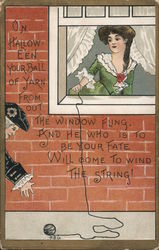 Woman Holding End of String Out Through Window Postcard