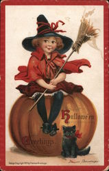 Halloween Greetings-Witch child holding a broomstick sitting on a pumpkin with a black cat. Postcard