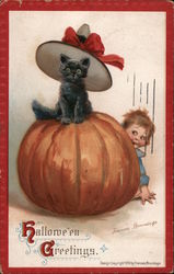 Halloween Greetings - Black kitten sitting on pumpkin with child peeking out from behind. Postcard