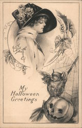 Woman, Owl and Jack O'Lantern: My Halloween Greetings Postcard