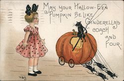 Girl with pumpkin drawn by mice Halloween Postcard Postcard Postcard