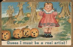 Halloween Guess I must be a real artist! - Little girl standing proudly beside jack-o-lanterns Postcard