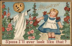Girl Scared of Jack O'Lantern Scarecrow Postcard