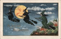 A Joyful Halloween-3 witches flying on broomsticks at night in front of a full moon Postcard