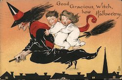 Witch Carrying Children on Flying Broom Postcard